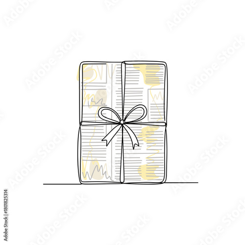 Newspaper wrapped gift box with bow design for holiday e-commerce promotions, greeting card designs, personal finance blogs about saving money, and minimalist event invitations