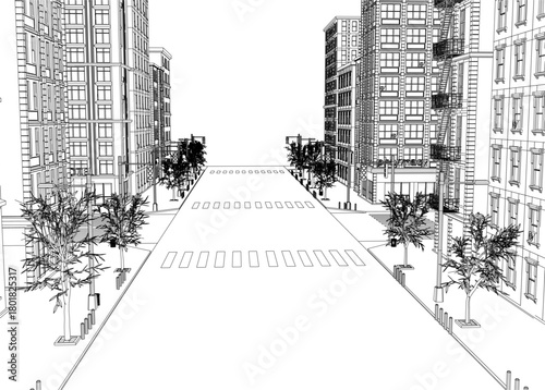 Black and white contour drawing of a city street scene with tall buildings, trees, poles, and a visible sky in the background.