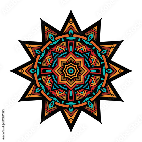 ornate layered star mandala design for spiritual retreat promotions, cultural festival posters, bohemian fashion branding, abstract website backgrounds, and yoga studio materials