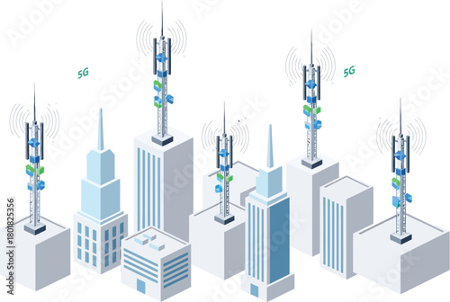 5g network towers on modern buildings, telecommunication concept