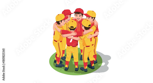 Team huddle of young baseball players in uniforms on field