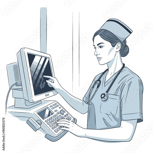 A female nurse in medical attire interacts with an ultrasound machine's control panel and monitor in a clinical setting with a calm mood.