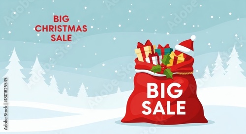 Christmas Big Sale Santas Bag with Gifts in a Snowy Winter Wonderland.