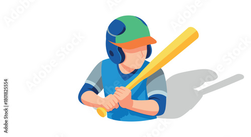 Little baseball player ready to bat in colorful helmet and uniform