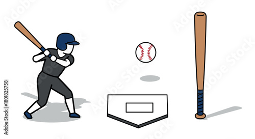 Isometric baseball player and equipment with bat and ball