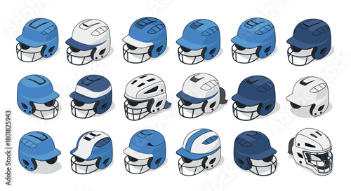 Collection of isometric blue and white sports helmets in various styles and designs