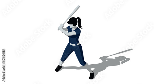 Female baseball player in action: isometric design of batter's stance with shadow effect