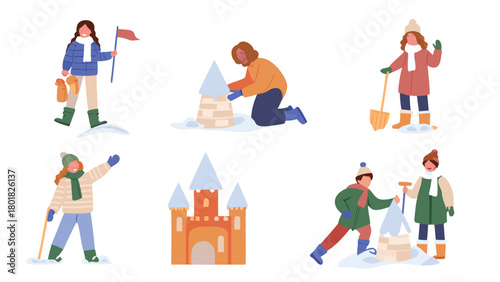 Joyful children building a massive snow castle during a happy winter day surrounded by snow and winter elements perfect for holiday and seasonal designs