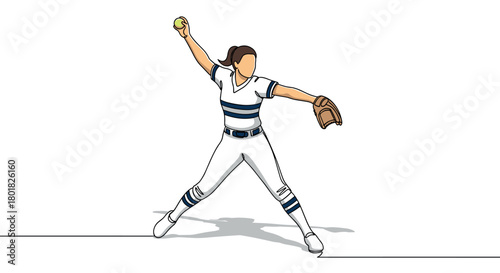 Woman softball player pitching in action pose on white background