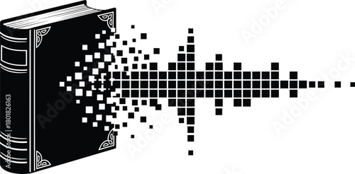 Explore digital transformation concept with book and pixel disintegration eps silhouette