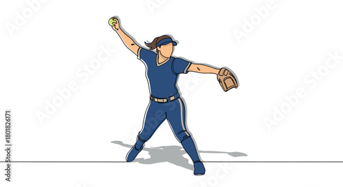 Dynamic female softball player pitching in action pose with energetic silhouette design