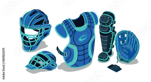 Neon blue catcher's gear: futuristic baseball equipment in electric style