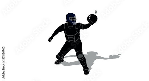 Silhouette of baseball catcher in action with glove and helmet