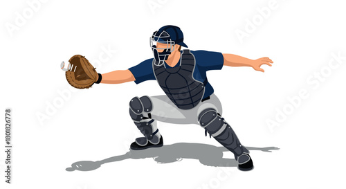 Baseball catcher in action with catcher's mitt and protective gear