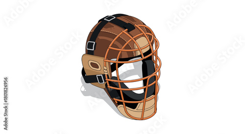 Vintage baseball catcher's mask with straps and steel cage in isometric design