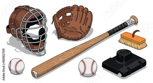 Baseball equipment set with glove, bat, helmet, balls, and bases in a detailed flat design