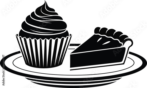 Black and white cupcake and pie dessert vector illustration graphic eps silhouette