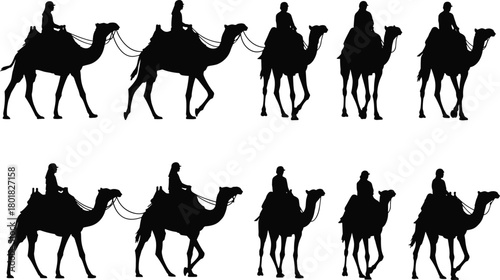 Camel rider silhouettes, desert travel illustration, people riding camels in various poses, traditional transportation, caravan journey, Middle Eastern culture graphic, wildlife and tourism concept