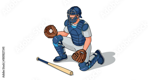 Baseball catcher in protective gear preparing behind home plate with bat nearby