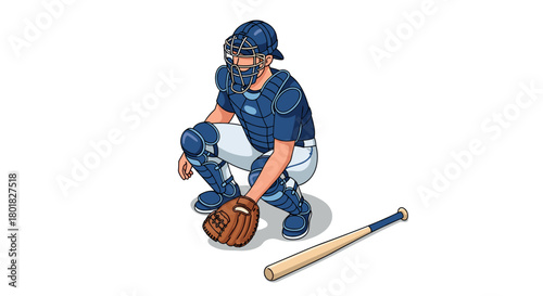Baseball catcher in gear kneeling with glove and bat in a dynamic pose