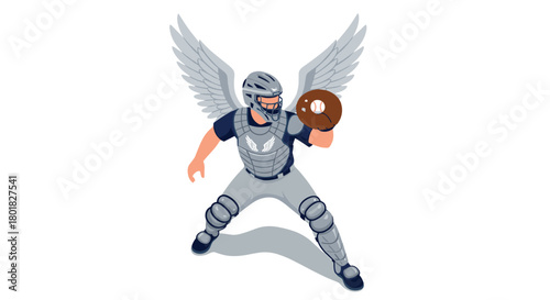 Winged baseball catcher in isometric style ready to play