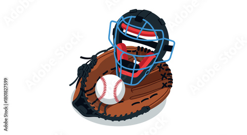 3d isometric baseball gear with glove, ball, and catcher's mask