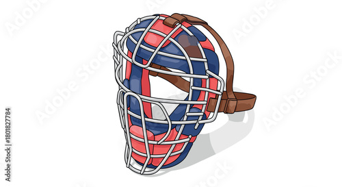 Colorful hockey mask with white cage and brown straps on white background