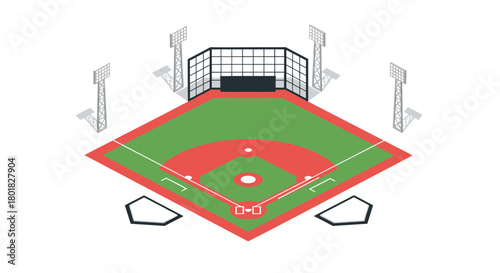 Isometric baseball field design with stadium lights and diamond layout