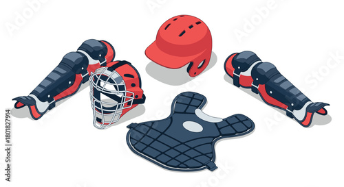 Baseball catcher equipment set with helmet, shin guards, and chest protector in modern design