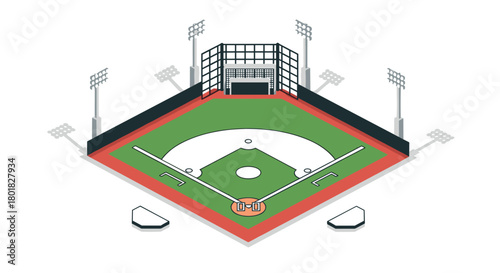 Isometric baseball field with grandstand and floodlights