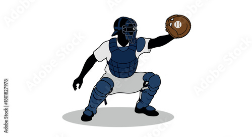Baseball catcher silhouette in protective gear holding glove