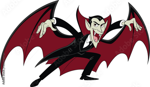 Cartoon vampire with large bat wings flying aggressively, spooky Halloween monster illustration, scary Dracula character artwork for horror themed design