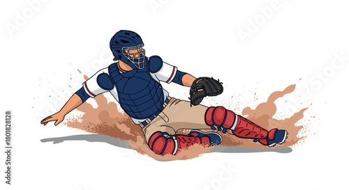 Baseball catcher sliding action in dynamic flat style with dust effect