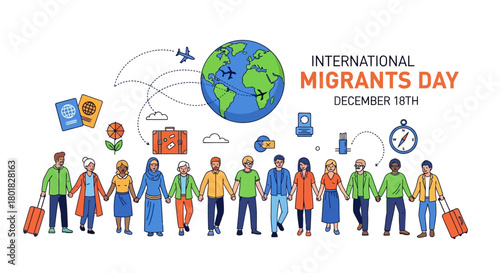 Diverse global community standing united, celebrating International Migrants Day, promoting human rights, inclusivity, and solidarity among people worldwide