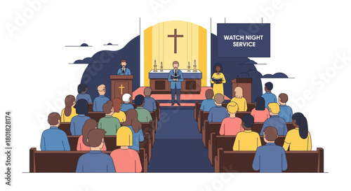 People gathered in a church for a watch night service with a preacher and choir