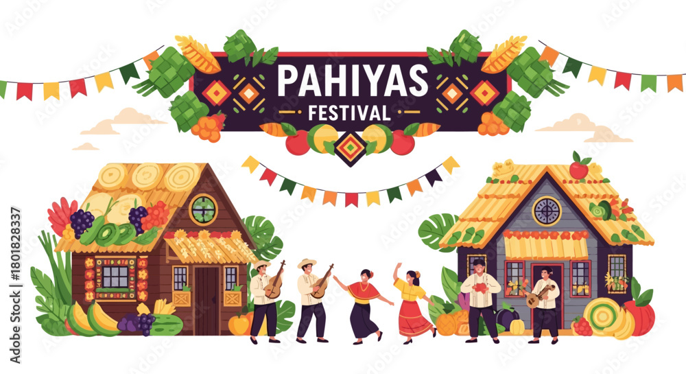 Obraz premium Pahiyas Festival Celebration with Traditional Houses, Music, and Dancing