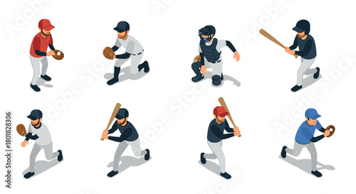 Isometric baseball players posing: pitching, batting, and catching in action