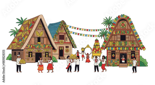A colorful illustration of a cultural celebration in a traditional village, with festive people dancing and sharing food amidst ornate ethnic houses