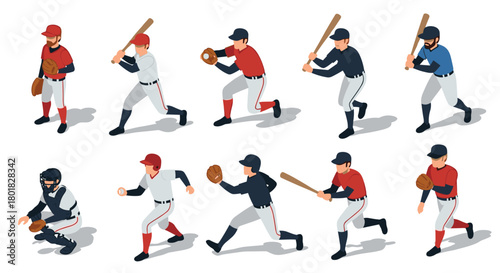 Isometric baseball players in action poses with bats and gloves