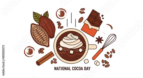 National Cocoa Day Illustration with Cocoa Beans, Drink, and Whisk