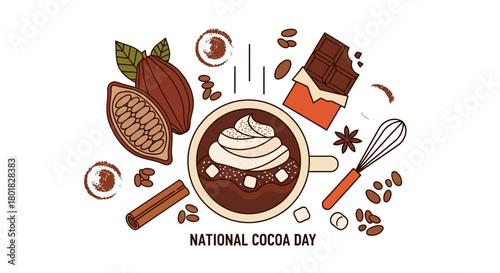 A delightful vector composition of a warm cup of cocoa, chocolate bar, cocoa pods, and a kitchen whisk for preparation