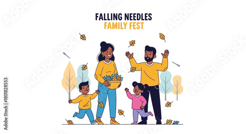 Joyful family bonding during an autumnal outdoor festival, collecting and playing with colorful fallen leaves amidst a vibrant park setting