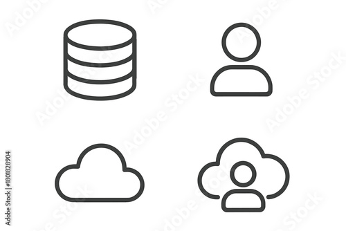 Essential line symbols for database storage, user profile, cloud computing, and cloud user access