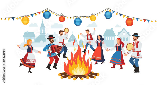 Traditional folk festival with people dancing around a bonfire under festive lights