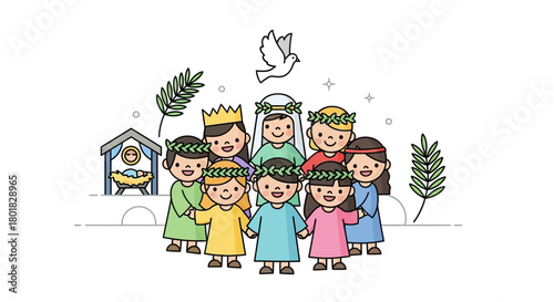 Children wearing laurel wreaths and crowns gather around a nativity scene with a dove flying above