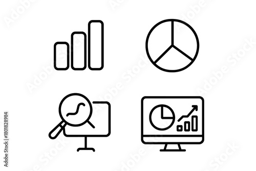 Outline icons representing business data analysis, financial reporting, and market research concepts