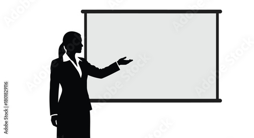 Silhouette of a professional businesswoman presenting information on a blank projection screen during a meeting