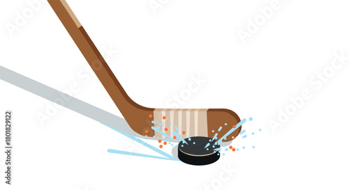 Hockey stick striking puck with splash effect in flat design