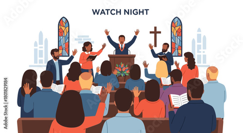 Illustration of People at Church Service Worship, Faith, and Community Gathering