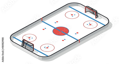 Isometric ice hockey rink with goals and markings in minimalist design
